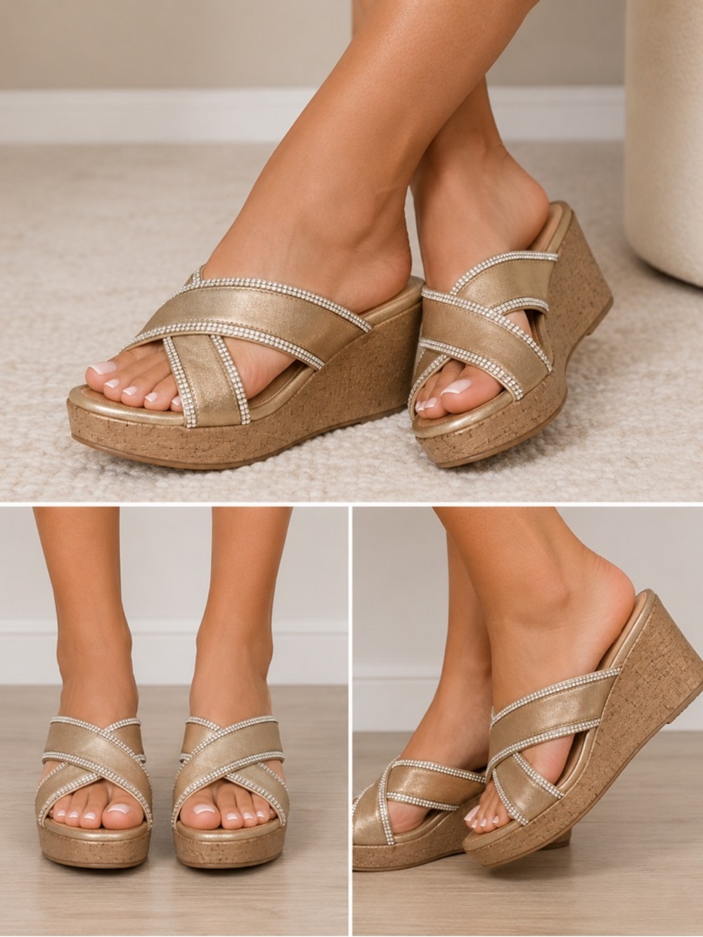 Guess Gold Rhinestone Criss Cross Cork Wedge Platform Sandals 9M